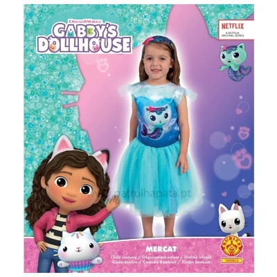 Roupa de criança mercat azul da Gabby's Dollhouse com personagens no fundo