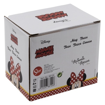 Caixa branca da Disney Minnie Mouse com texto e padrão de bolinhas vermelhas