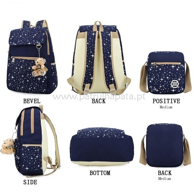 Mochila e mala média azul escuro com padrão de estrelas brancas e ursinhos pendurados.