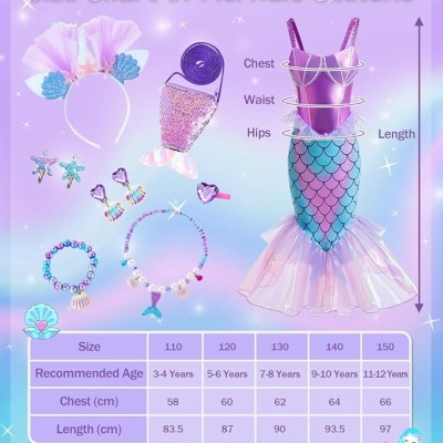 Fantasia de sereia com vestido roxo e azul, acessórios, e tabela de tamanhos