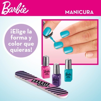 Kit de manicura Barbie com vernizes rosa, roxo e azul e lima para unhas