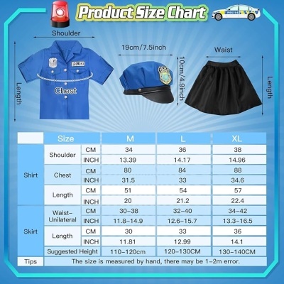 Conjunto roupa com camisola azul, boné azul e saia preta com tabela de tamanhos e medidas em cm e polegadas.