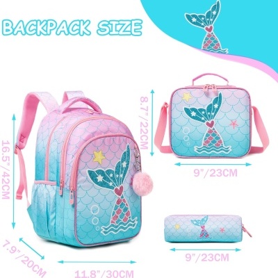 Conjunto Escolar Sereia - Mochila + lancheira + porta-lápis
