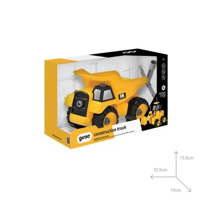 Carrinha de construção amarela num pacote com texto giroo construction truck