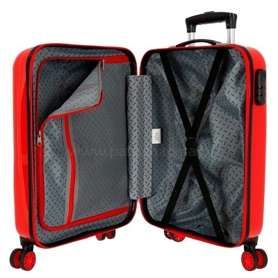 Mala de viagem rígida vermelha aberta a mostrar interior cinza e organizadores