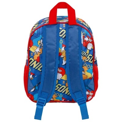 Mochila infantil azul com padrão colorido e alças azuis e vermelhas