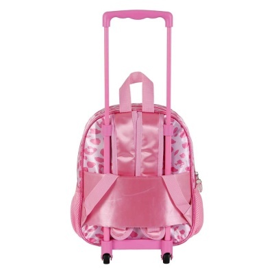 mochila rosa com carrinho telescópico e padrão de corações