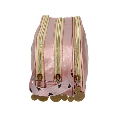 Estojo escolar rosa com vários fechos zip e alça com padrão Mickey Mouse