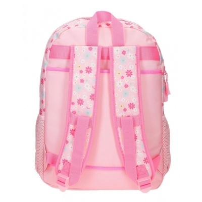 Mochila infantil rosa com alças floridas e bolsos laterais em rede