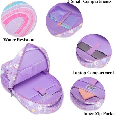 Mochila lilás infantil com padrão de arco-íris e unicórnios vista em vários ângulos