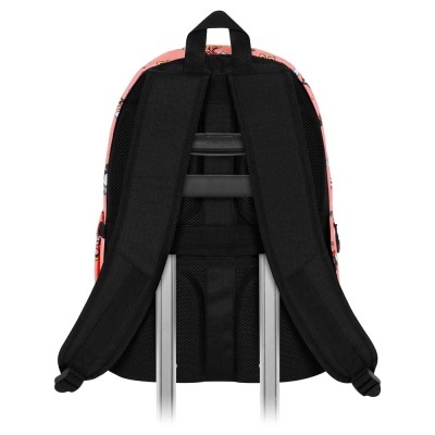 Mochila com alças pretas acolchoadas e suporte para mala, borda rosa com padrão