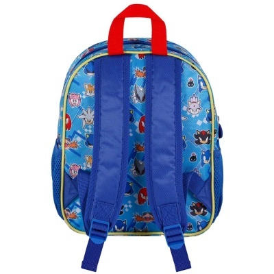 Mochila azul com personagens de desenhos animados e alças acolchoadas