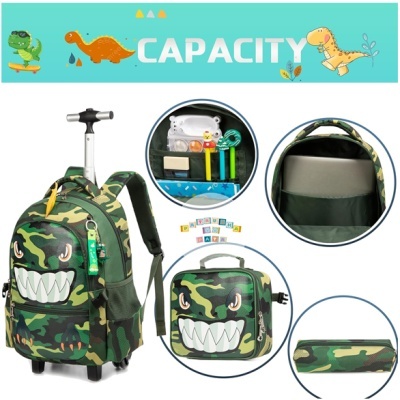 Mochila de rodinhas camuflada com estojos combinando e rosto animado na frente