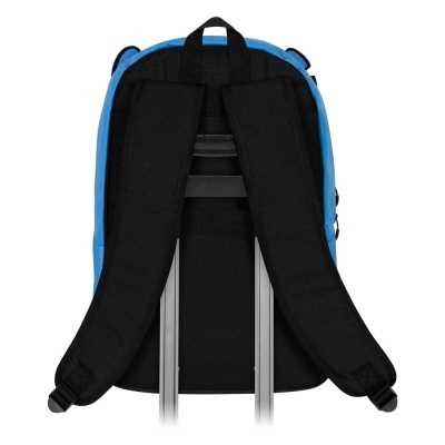 Mochila azul e preta com alças acolchoadas vistas de trás