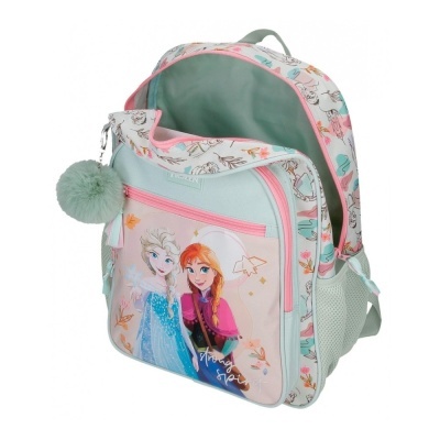 Mochila infantil Disney Frozen com Elsa e Anna, fecho rosa e pompom verde