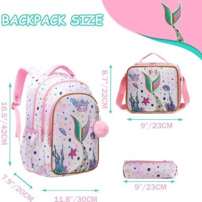 Conjunto Escolar Sereia - Mochila + lancheira + porta-lápis