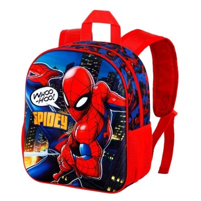 Mochila infantil vermelha e azul com imagem do Homem-Aranha