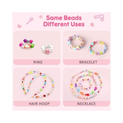 Acessórios coloridos feitos com as mesmas contas, anel, pulseira, tiara e colar, com texto explicativo em inglês