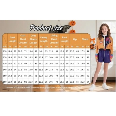 Tabela de tamanhos e menina vestindo casaco laranja e calções roxos