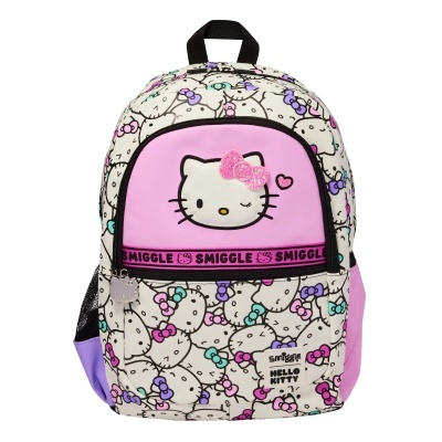 Mochila infantil branca com padrão Hello Kitty e bolso rosa com laço brilhante