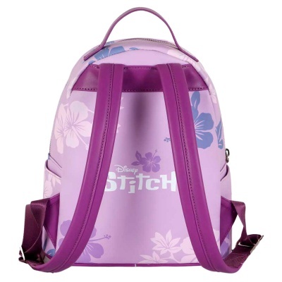 Mochila roxa e lilás com padrão floral e texto 'Disney Stitch'