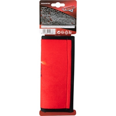 Passa cinto de segurança vermelho com bordas pretas e embalagem com design Cars
