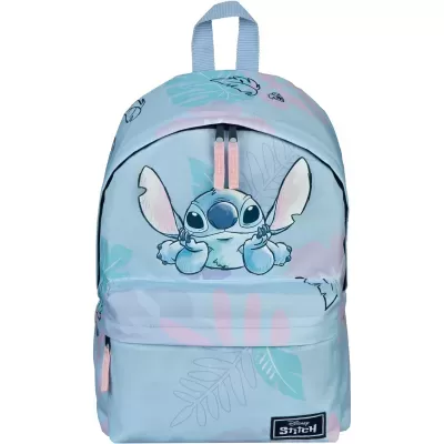 Mochila azul claro com imagem do Stitch da Disney e bolso frontal