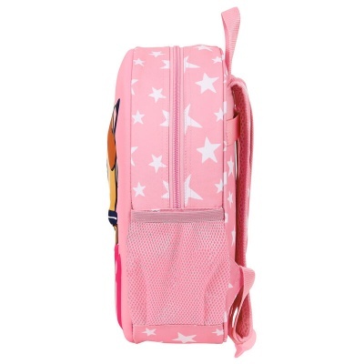 Mochila infantil rosa com estrelas e bolso lateral em rede