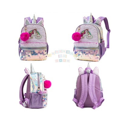 Mochila infantil lilás com pompom rosa e patch de unicórnio brilhante