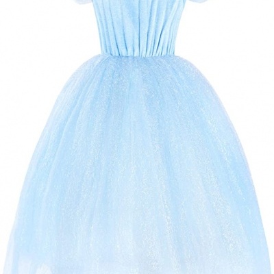 Vestido infantil azul claro com mangas bufantes e saia larga brilhante