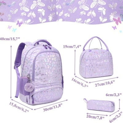 Conjunto Escolar Butterfly Purple - Mochila + lancheira + porta-lápis