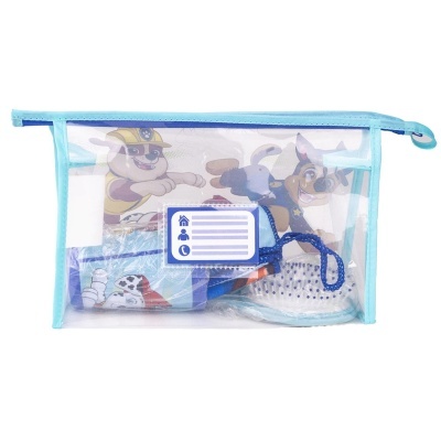 Bolsa transparente azul clara com itens da Paw Patrol