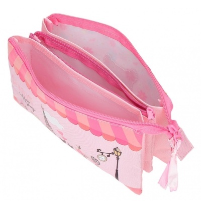Estojo rosa com padrão de loja e candeeiro, fecho e vários compartimentos.