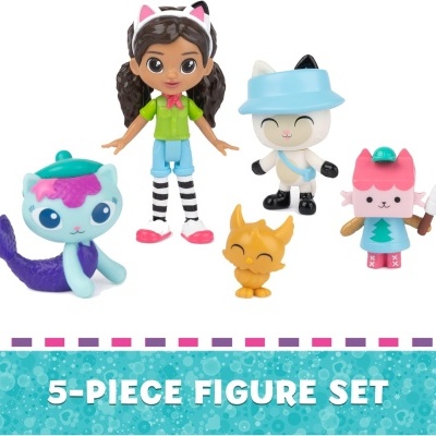 Conjunto de cinco figuras de brinquedo coloridas com boneca e animais