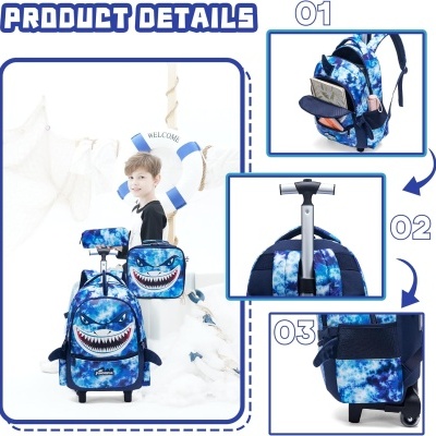 Mochila azul com padrão de tubarão e rodas em uso por criança.