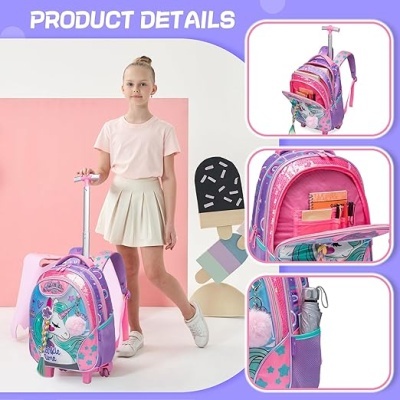 Mochila escolar de unicórnio rosa e lilás com rodinhas e pega extensível.