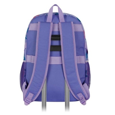 Mochila escolar lilás vista de trás com alças e suportes