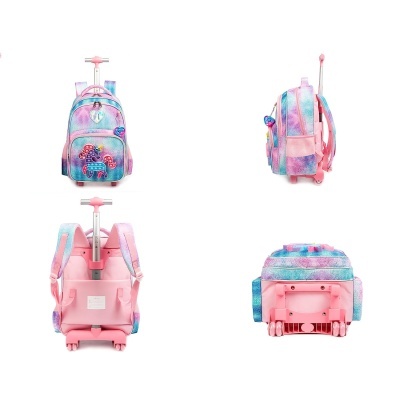Mochila escolar colorida com carrinho e alça retrátil vista de vários ângulos