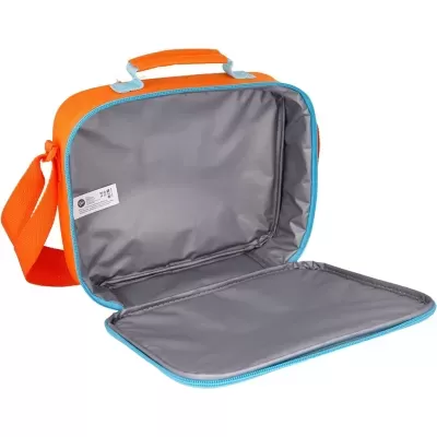 bolsa térmica laranja com interior cinzento aberta