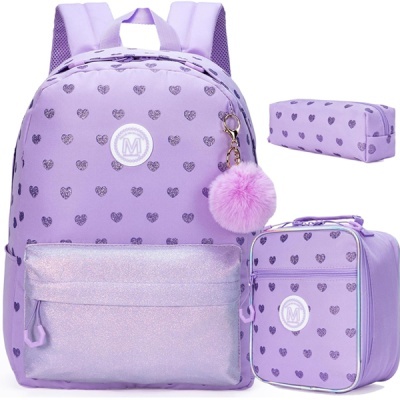 Conjunto Escolar Corações Roxos - Mochila Escolar + Lancheira + Porta-lápis