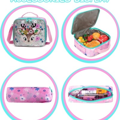 Lancheira prateada com estampa de rena e estojo rosa para materiais escolares