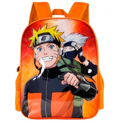 Mochila laranja com personagens de anime estampados