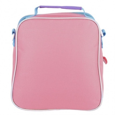 Mala quadrada rosa com alça roxa e azul