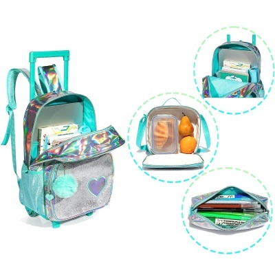 Mochila de rodinhas azul turquesa holográfica com bolso cinzento e coração roxo