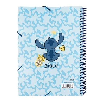 Caderno com espiral e capa azul com personagem Stitch e padrão abstrato