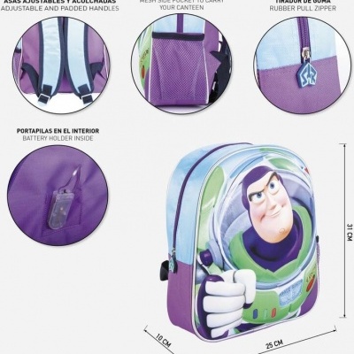 Mochila infantil azul e lilás com imagem de Buzz Lightyear e várias características de design