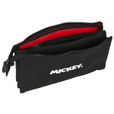 Estojo escolar preto com interior vermelho e fecho de correr, escrito MICKEY