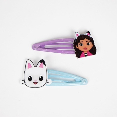 Dois elásticos de cabelo com figuras decorativas de personagem e gato em fundo branco
