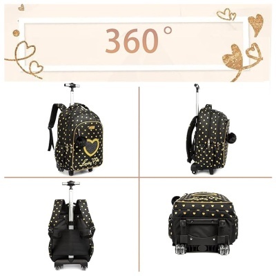Mochila preta com corações dourados e carrinho, vista em 4 ângulos