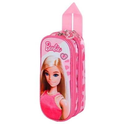 Estojo escolar rosa com imagem da Barbie loira e alça de transporte